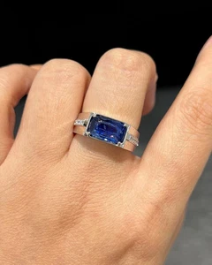 2.67 Ct Natural Sapphire & Diamond Wedding Men's Band 14K White Gold Size 11 - Picture 1 of 9