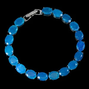 925 Sterling Silver Bracelet Oval Blue Opal 9x7mm Gemstone Jewelry 7.5 Inches - Picture 1 of 13