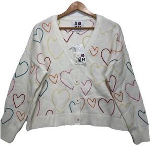NWT Kerri Rosenthal women Embroider Hearts Cardigan Sweater sz S Cream Oversize - Picture 1 of 8