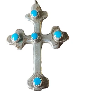 Vintage Southwestern Style Ornate Sterling Silver & Turquoise Cross Pendant - Picture 1 of 6