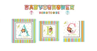 Paquete de platos, servilletas y decoraciones para baby shower con temática de animales de zoológico Foto 1 de 4