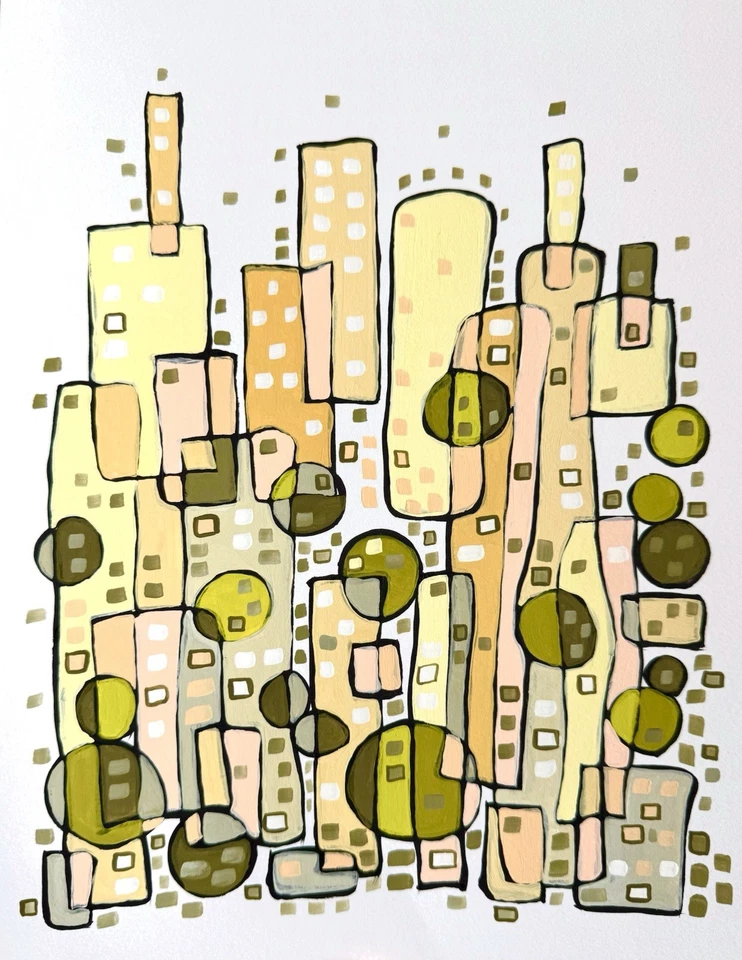 Abstract Summer City Art original gouache painting modern signed - Image 1 of 1