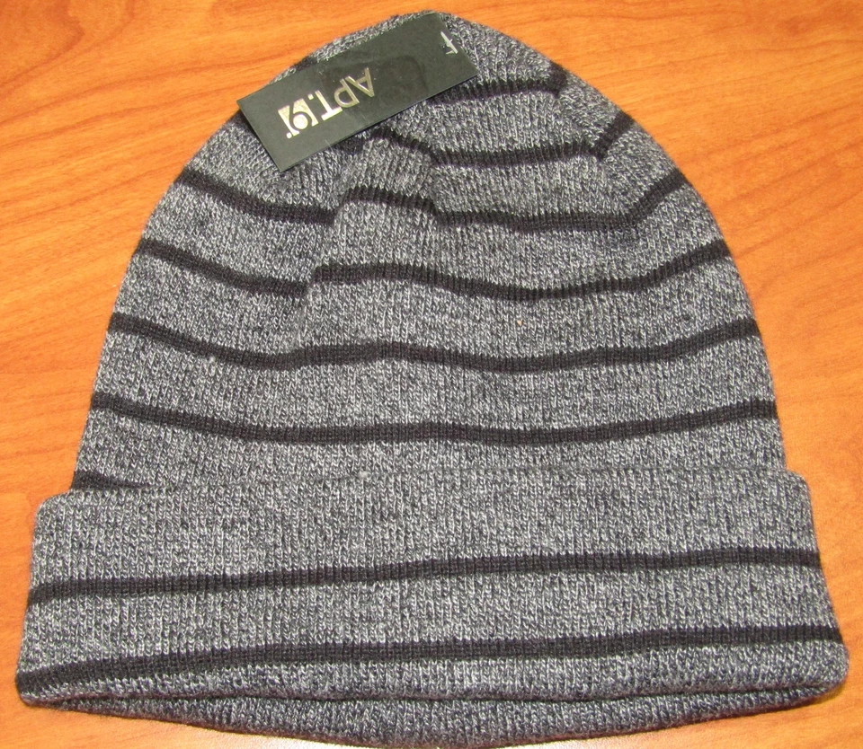 NEW APT 9 MENS BLACK & GRAY STRIPED BEANIE HAT - Image 1 of 1