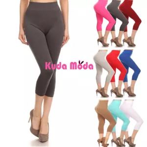 Women's Solid Color Seamless Wide Waistband Capri Leggings - Picture 1 of 29