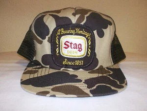 DEADSTOCK Vtg STAG Beer HUNTER Camo TRUCKER Biker BASEBALL Hat CAP~MADE IN USA - Picture 1 of 7
