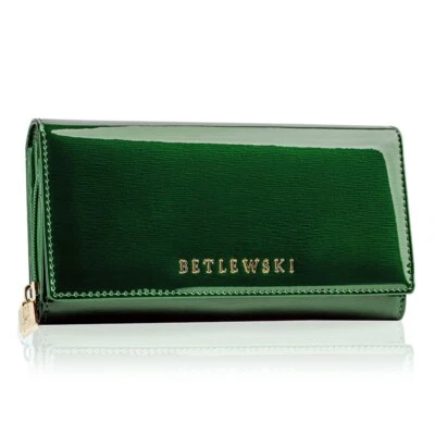 BETLEWSKI Damen Geldbörse Lackleder Große Portemonnaie Kartenfächer Grün RFID Schutz