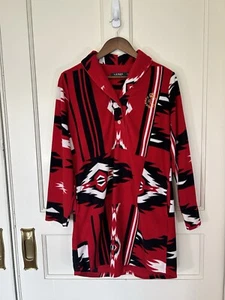 Lauren Ralph Lauren Aztec Fleece Sleep Shirt Womens Size Medium Red Pockets - Picture 1 of 11