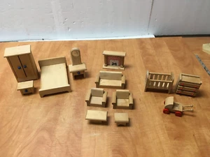 Vintage Wood Dollhouse Furniture Lot Living Bedroom & Nursery SELECTA ? unmarked - Picture 1 of 10