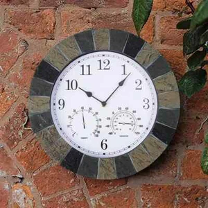 Outdoor Wall Clock Garden Stone Effect Battery Round Thermometer 35cm Indoor - Picture 1 of 24