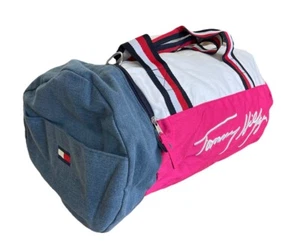 NEW Tommy Hilfiger Logo Gym Travel Large Duffle Bag Canvas Denim Pink - Picture 1 of 2