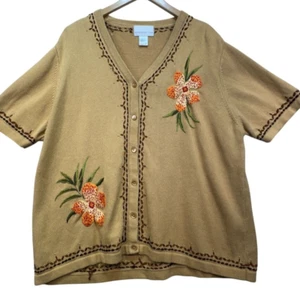 Susan Graver Style Womens Hawaiian Cardigan Sweater Size 2X Tan Floral Resort - Picture 1 of 12
