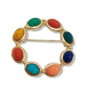 VINTAGE STUNNING GOLD TONE MULTI COLOR SCARAB STONE PIN BROOCH - Picture 1 of 3