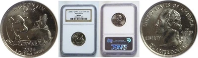 2004-D 25C Wisconsin State Quarter Error Extra Low Leaf NGC MS-66 - Image 1 of 3