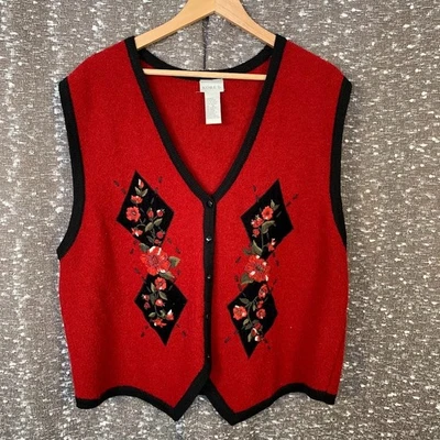 Chaleco Suéter Vintage Koret Diamante Floral Bordado Rojo Mezcla Lana Para Mujer XL Foto 1 de 4