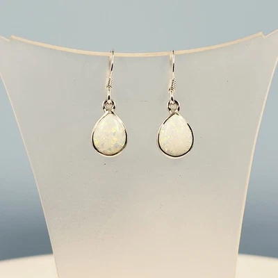 White Fire-Opal Earrings, Lab Created Opals, Handmade Gemstone Jewellery - Image 1 of 4
