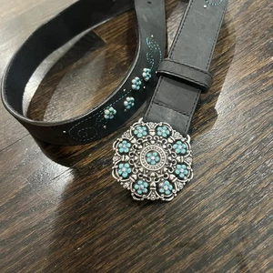 BRIGHTON brauner Ledergürtel Damen 34 L silberne Schnalle türkis Emaille Blumen " - Bild 1 von 7
