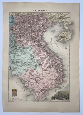 СТАРИННАЯ ПОДРОБНАЯ ГРАВИРОВАННАЯ КАРТА ИНДОКИТАЯ 1880 Г. 19 ВЕК - Изображение 1 из 4
