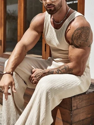 Conjuntos de lino de 2 piezas para hombre trajes de verano de punto acanalado sin mangas holgados anchos Foto 1 de 4