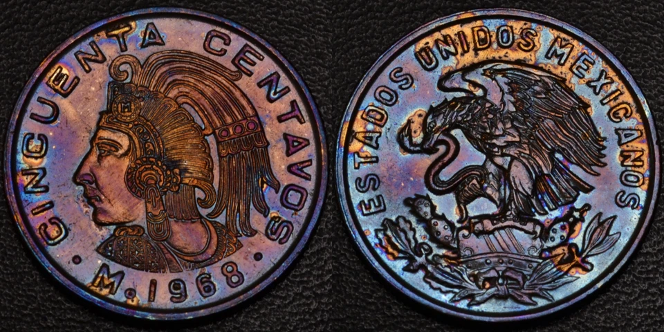 1968 México 50 centavos LINDA TONIFICAÇÃO OBV & REV (L48-19) - Imagem 1 de 3
