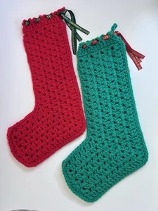 Christmas Stockings 14” Handmade Crochet Knit Red & Green Set of 2 - Picture 1 of 10