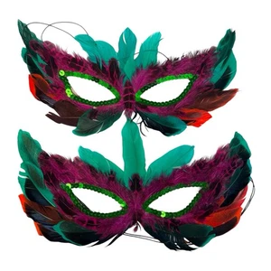 Purple / Green 2 Feather Masquerade Ball Mardi Gras Halloween Mask Costume A18G - Picture 1 of 5
