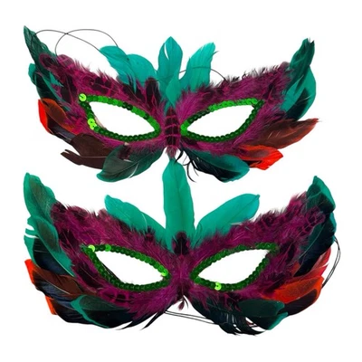 Purple / Green 2 Feather Masquerade Ball Mardi Gras Halloween Mask Costume A18G - Image 1 of 4
