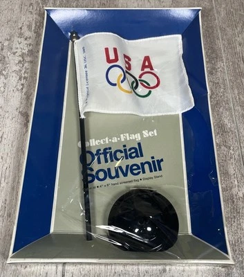 Vintage USA Olympics Collect a Flag Set W/ Stand 4”x6” Souvenir Collectible NOS - Image 1 of 4