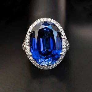 Alianza de platino con diamantes naturales 27,20 quilates corte ovalado zafiro azul cultivado en laboratorio - Imagen 1 de 8