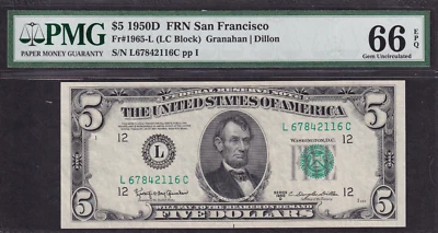 $5 1950D San Francisco Federal Reserve Note Fr.1965-L - (L-C Block) PMG MS66 EPQ - Image 1 of 2
