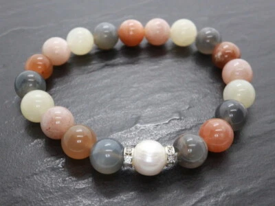 GOLDJUNGE69 GJ MONDSTEIN EDELSTEIN ARMBAND 10mm  SÜSSWASSER PERLE FLEX NEU - Bild 1 von 4