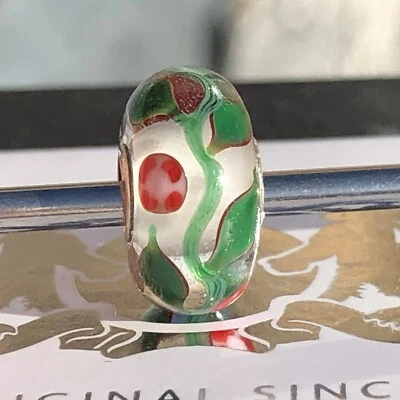 trollbeads OOAK unique glass bead green leaves red morning glory flowers white  - Image 1 of 4