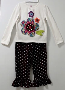 Girl Sz 5~Ruffled Polka Dots Pants+JK Flower Appliqué L/S Top By Kelly's Kids - Picture 1 of 4