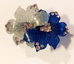 1 pc of Acrylic Rhinestone Leaf and Flower Design Large Hair Barrette Clip Blue 