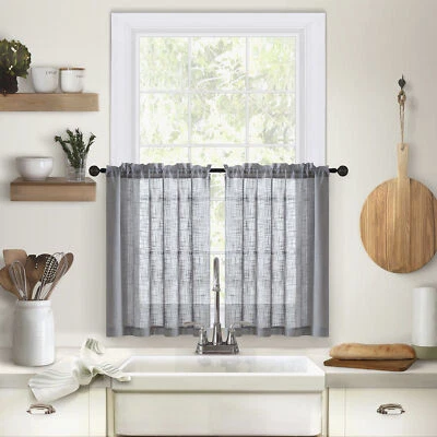 2 Panel Rustic Farmhouse Linen Kitchen Curtain Short Cafe Tiers for Small Window - Image 1 of 4