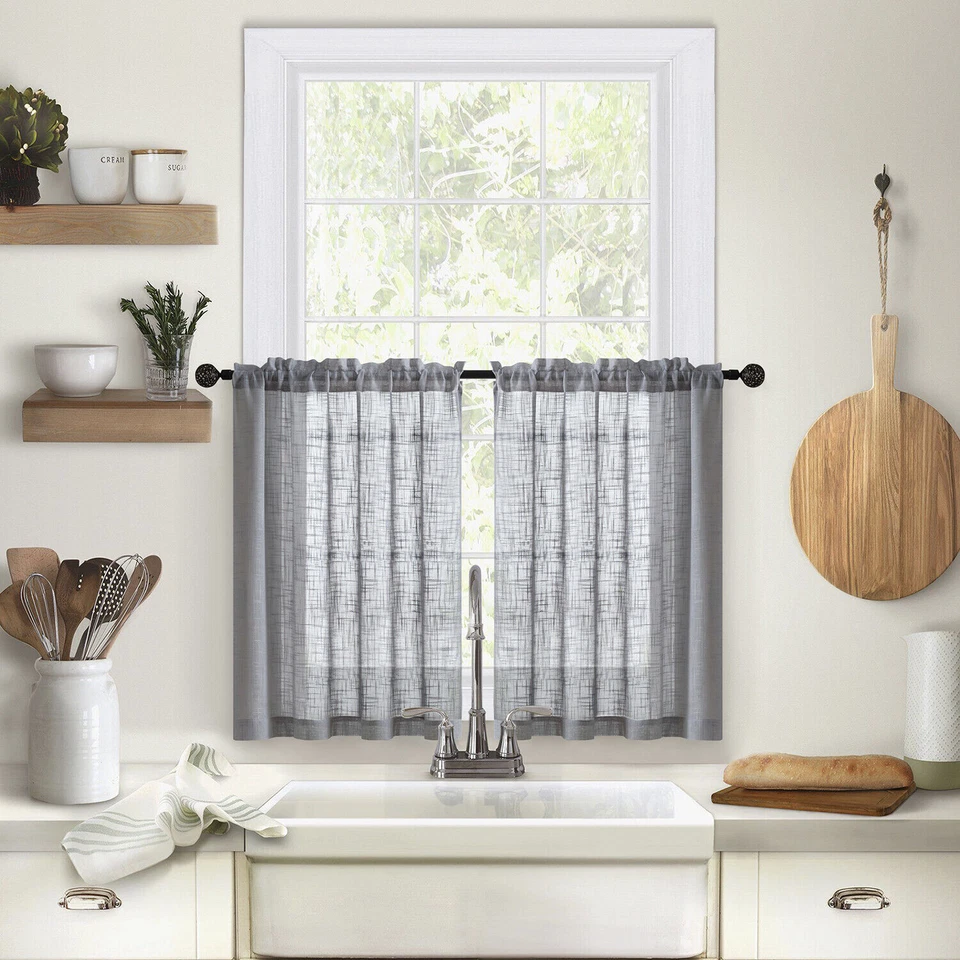 2 Panel Rustic Farmhouse Linen Kitchen Curtain Short Cafe Tiers for Small Window - Image 1 of 4