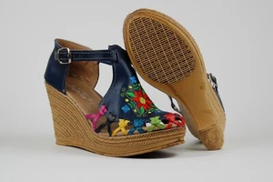 Bunte mexikanische Sandalen mit Keilabsatz aus echtem Leder Blumenmuster - Bild 1 von 2
