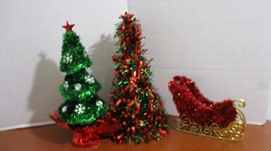 TINSEL CHRISTMAS TREES & SLEIGH Set of 3 - Picture 1 of 4