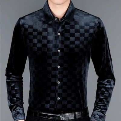 Men Check Velvet Long Sleeve Shirt Casual Formal Business Slim Blouse Top Office - Image 1 of 4