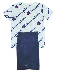 Champion Youth Large AOP Spellout Logo Tshirt + Blue Mesh Athletic Shorts Set - Picture 1 of 3