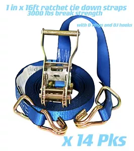 14er-Pack 1 Zoll x 16 Fuß Ratsche Riemen D-Ring und DJ Haken 3.000 Pfund Bruchstärke - Bild 1 von 9