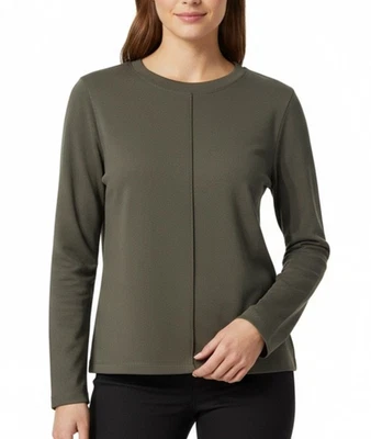Mango Khaki Green Crew Neck Top S Piqué Stretch Casual Long Sleeve Split Hem NWT - Image 1 of 4