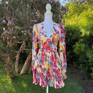 TAJ by Sabrina Evi Tiered Long Sleeve Mini Dress Crippa Floral Mini Ruffle Small - Picture 1 of 18