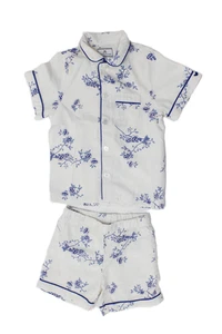 Petite Plume Girls Button Front Floral Pajama Shirt Shorts Set White Blue Size 4 - Picture 1 of 6