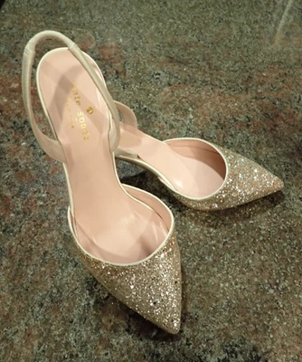 KATE SPADE SLINGBACK SHOES SIZE 7 M JEANETTE SILVER GREY / GLITTER IVORY SATIN - Image 1 of 4