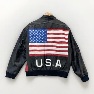 Vintage Two Plus Two Lederjacke Large USA amerikanische Flagge Motorrad Biker Bomber - Bild 1 von 10