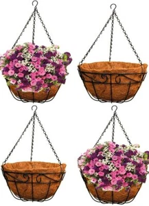 4PK Garden Flower Pot Plant Hanger Coco Coir Liner Metal Hanging Planter Basket - Picture 1 of 8