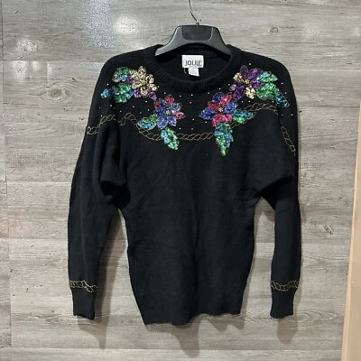 复古亮片毛衣 80 年代 Statement 套衫丝绸安哥拉羊毛鸡尾酒小号 — 第 1/4 张图片