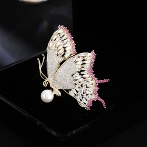 G18k Plated Butterfly Zircon Freshwater Pearl Brooch Pin Women Wedding Jewelry - Picture 1 of 8