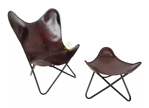 Braune Buffalo Leder Schmetterling Stuhl Mit Ottomane Fußhocker Entspannend - Bild 1 von 8