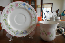 Avignon Cup & Saucer Set (s) Newcor #6049 Stoneware Flowers White Pink Blue !